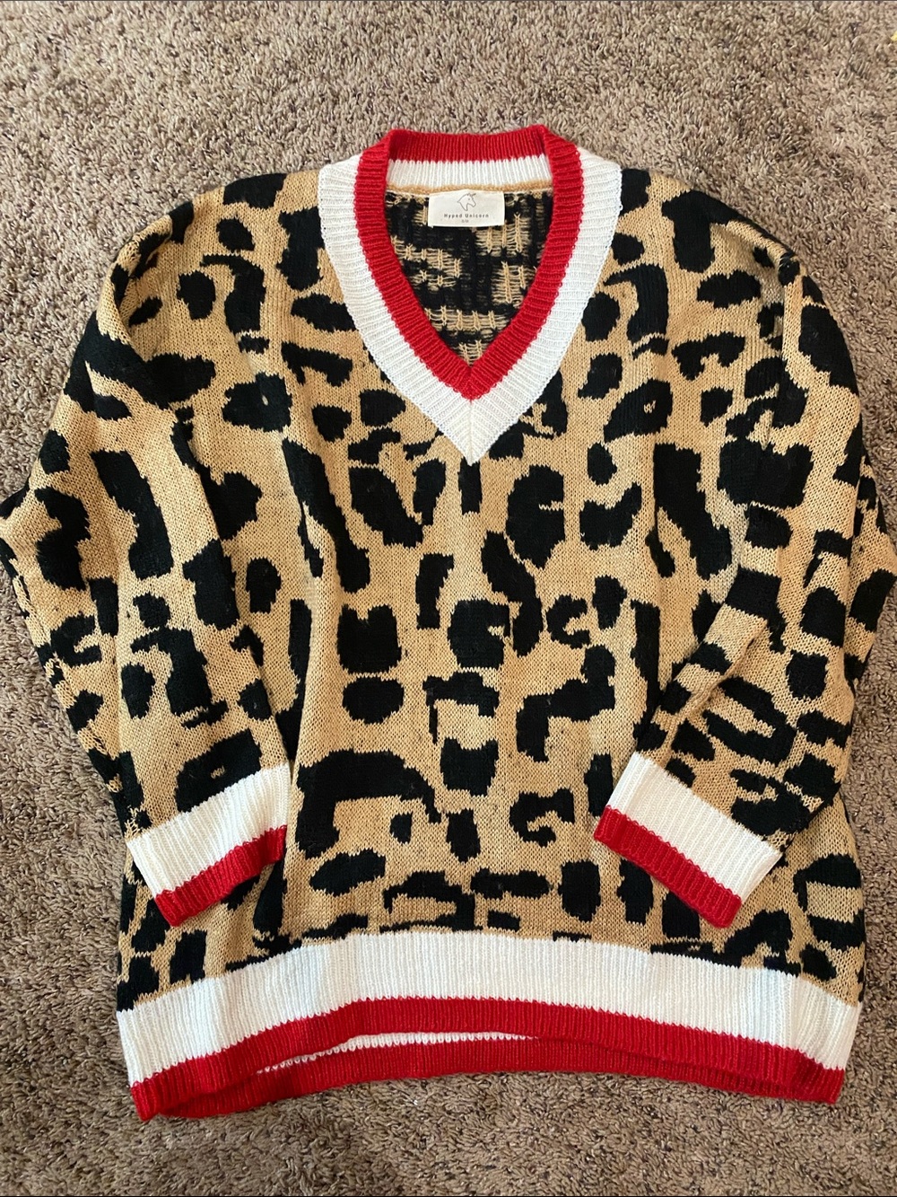Leopard Print V-Neck Sweater with Red & White Trim